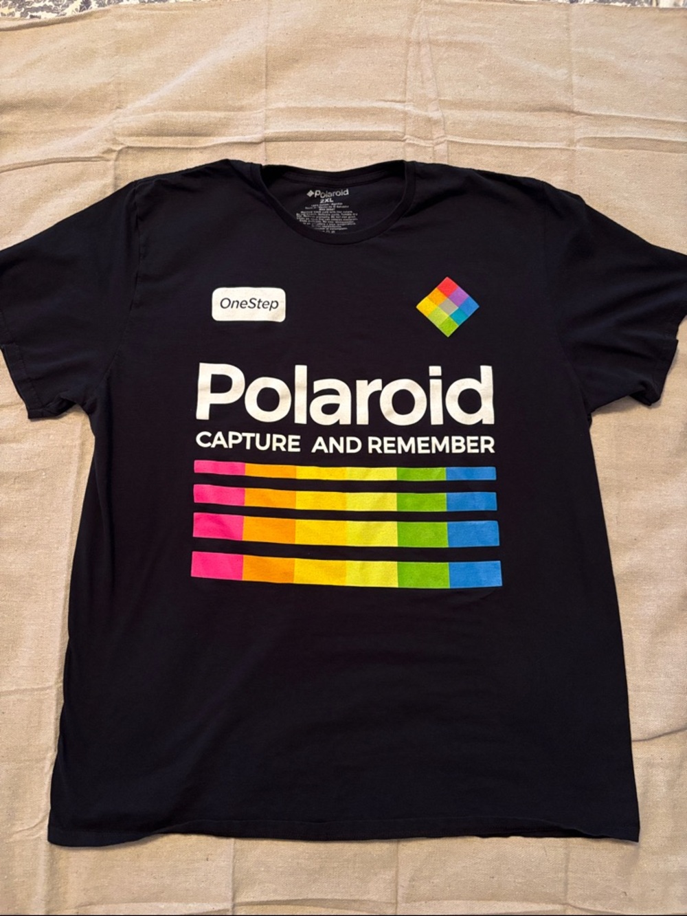 Polaroid Black Tee with Multicolor Retro Stripe Graphic 2XL